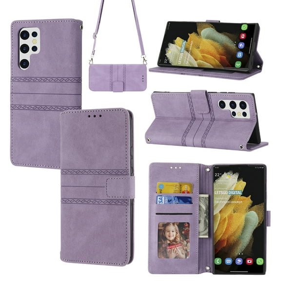 Jiahe Cover For Samsung Galaxy S23 Ultra 6.8 inch Wallet Case,Removable Adjustable Shoulder Strap Magnetic Leather with Card Holder Kickstand Case Cover,Lightpurple