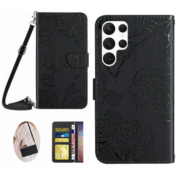 Jiahe Cover for Samsung Galaxy S23 Ultra 6.8inch Wallet Case, Embossed Floral Leather Folio Flip Shoulder Strap Wristlet Shockproof Protective ID Credit Card Slot Holder Cover, Black