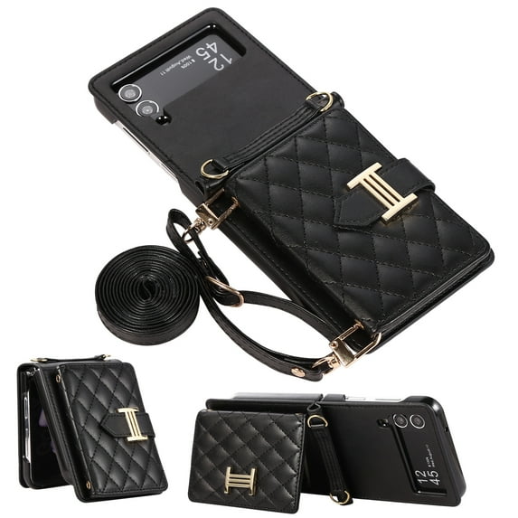 Jiahe Cover for Samsung Galaxy Z Flip 3, Multi-function Wallet with Credit Card Holder Crossbody Shoulder Strap Case,Rugged Shockproof with Ring Stand PU Leather Case Cover, black