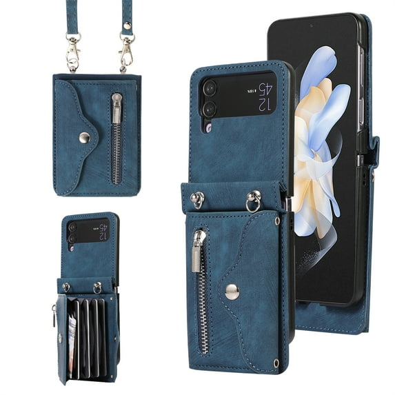 Jiahe Cover for Samsung Galaxy Z Flip 3, Wallet Case Crossbaody, with RFID Blocking Shockproof Zipper Purse with Card Slots Holder Adjustable Detachable Shoulder Strap Lanyard Case Cover, blue