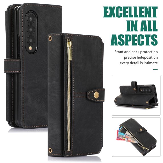 Jiahe Cover for Samsung Galaxy Z Fold 3, Mulit-Function Wallet Case,Flip Leather Zipper Card Holder Stand with Adjustable Shoulder Strap Full Body Protection Case Cover, black
