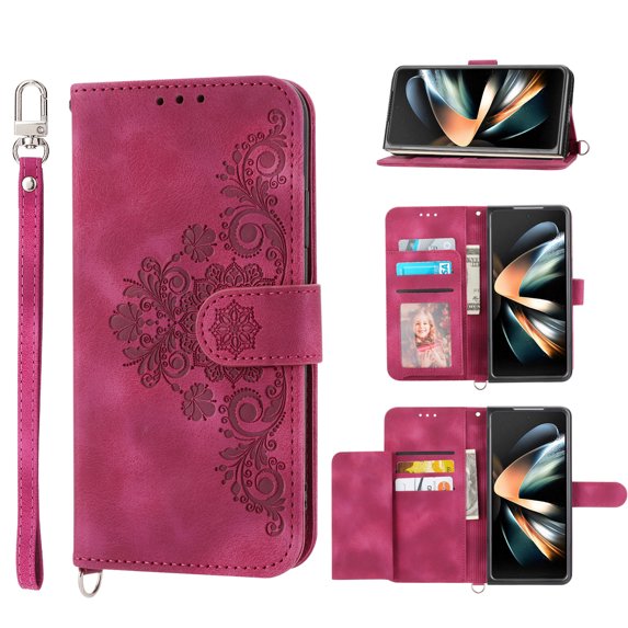 Jiahe Cover for Samsung Galaxy Z Fold 4, Wallet Case with Card Holder,Embossde Flower Flip Leather Magnetic Shockproof Card Slots Stand with Shoulder Strap Full Body Cover Case, winered