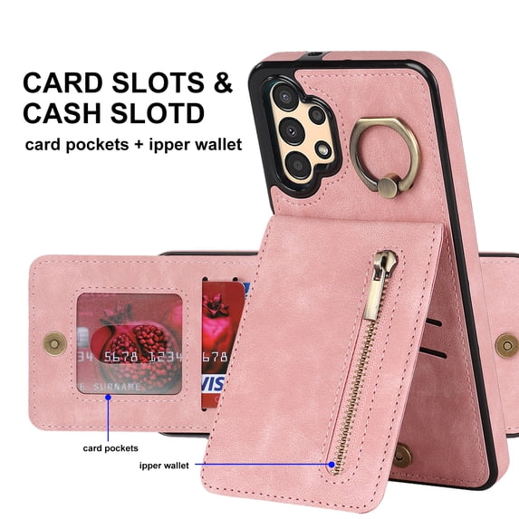 Jiahe Cover Wallet Case for Samsung Galaxy A14 5G 6.6 inch,RFID Blocking Credit Card Slot PU Leather Shockproof with Ring Holder Stand Case Cover,Pink