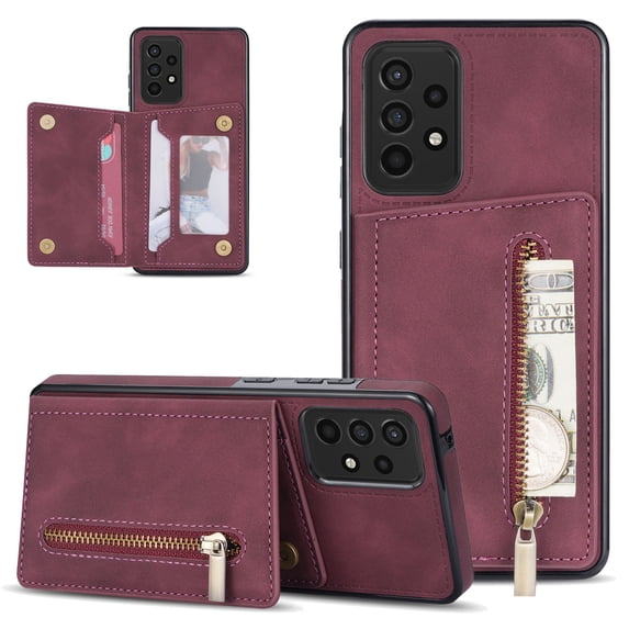 Jiahe Cover Wallet Case for Samsung Galaxy A53 5G, Vintage Premium PU Leather Cover Flip Case with Card Slots Magnetic Closure Zipper Pocket Kickstand Handbag, Winered