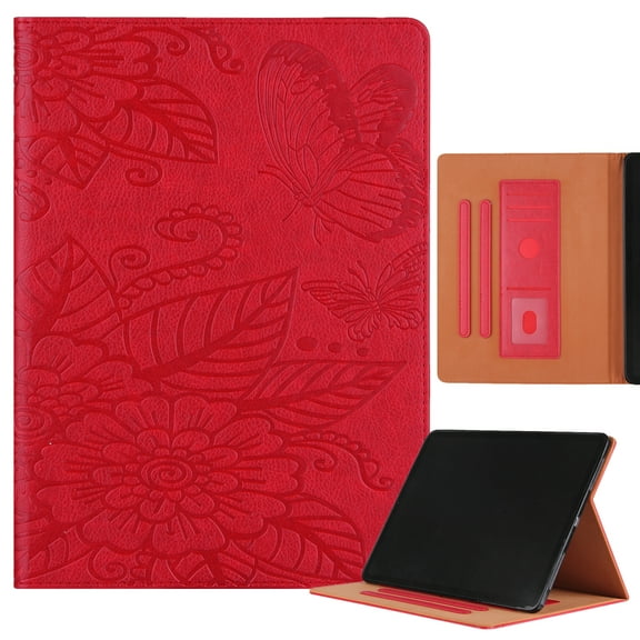 Jiahe Cover for iPad 10th Generation Case 2022, Smart PU Leather Embossed Butterfly Floral Folio Muti-Stand Magnet Wallet with Card Pocket Auto Wake/Sleep, Red