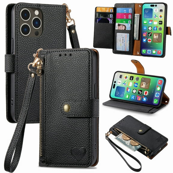 Jiahe Cover for iPhone 11, Full Body Protection Case,with RFID Blocking Card Holder Stand Zipper Wallet Case,Detachable Wristband Strap Case Cover, black
