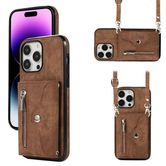 Jiahe Cover for iPhone 11, Wallet Case Crossbaody, with RFID Blocking Shockproof Zipper Purse with Card Slots Holder Adjustable Detachable Shoulder Strap Lanyard Case Cover, brown