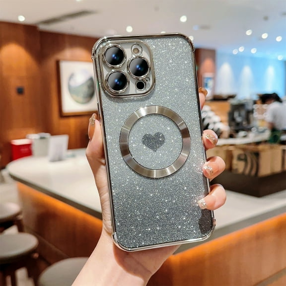 Jiahe Cover for iPhone 12, Compatible with MagSafe Case，Slim Plating Bling Glitter Shockproof Gradient Lover Heart Pattern Transparent Case Full Camera Lens Protection Cover, silve