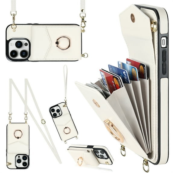 Jiahe Cover for iPhone 12 Mini, Shockproof PU Leather Case with Rotation Ring Stand Adjustable Shoulder Strap,Card Slots Stand RFID Blocking Protective Case Cover, white