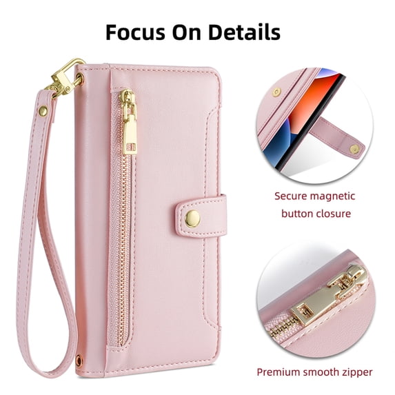 Jiahe Cover for iPhone 12 Pro / 12 6.1", Multifunctional Wallet Case with Card Holder and Shoulder Strap,PU Leather Magnetic Closure Zipper Pocket Kickstand Wristband Flip Leather Cover, pink