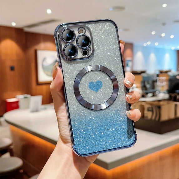 Jiahe Cover for iPhone 12 Pro Max, Compatible with MagSafe Case,Slim Plating Bling Glitter Shockproof Gradient Lover Heart Pattern Transparent Case Full Camera Lens Protection Cover, blue