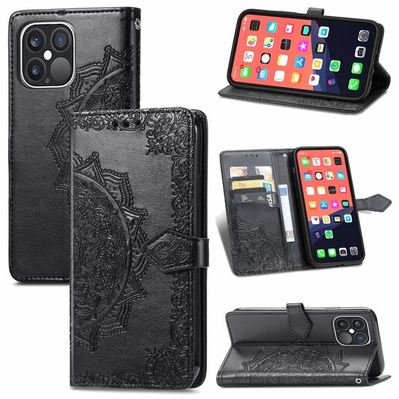 Jiahe Cover for iPhone 12 Pro Max Wallet Case PU Leather Mandala Flower Embossed with Card Holder Wrist Strap Kickstand Protective Lanyard Purse Cover for iPhone 12 Pro Max 6.7 Inch, Black
