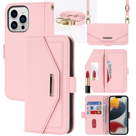 Jiahe Cover for iPhone 12 Pro Max, Wallet Phone Case with Card Holder,Shockproof Magnetic with Adjustable Shoulder Strap Slip Leather Stand Built-in Mirror Full Body Protector Cover, pink