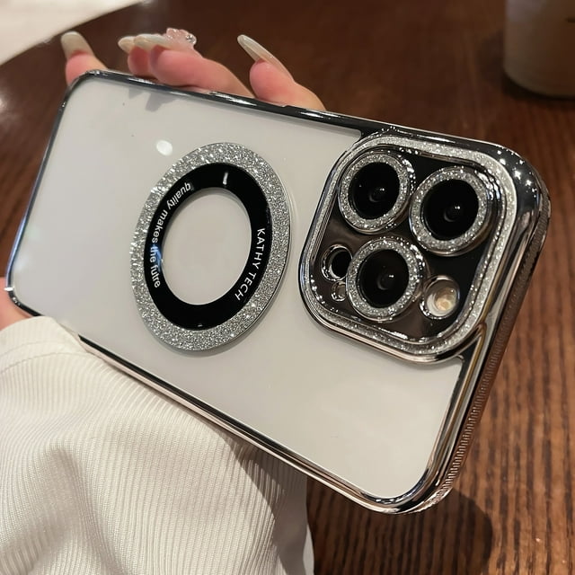 Jiahe Cover for iPhone 13, Compatible with MagSafe Case,Slim Plating Bling Glitter Lens Protector,Lightweight Magnetic Hybrid Shockproof Transparent Back Case Cover, silver
