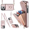 thumbnail image 1 of Jiahe Cover for iPhone 13 Pro, Shockproof PU Leather Case with Rotation Ring Stand Adjustable Shoulder Strap,Card Slots Stand RFID Blocking Protective Case Cover, rosegold, 1 of 8