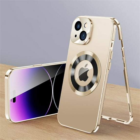 Jiahe Cover for iPhone 14 Plus,6.7 inch Full Body Protection Case,with Built-in Anti Peeping Tempered Glass Screen Protector,Metal Frame Full Cover Lens Protector Case Cover,Gold