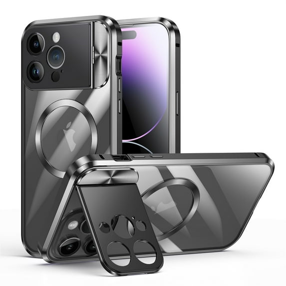 Jiahe Cover for iPhone 14 Plus, Compatible with MagSafe Case,Rugged Shockproof Aluminium Alloy Frame with Full Camera Lens Protector Kickstand Case Cover, black