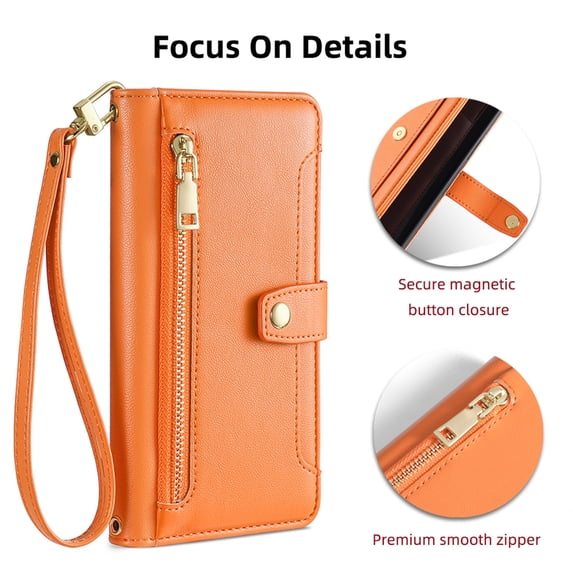 Jiahe Cover for iPhone 14 Plus, Multifunctional Wallet Case with Card Holder and Shoulder Strap,PU Leather Magnetic Closure Zipper Pocket Kickstand Wristband Flip Leather Cover, orange