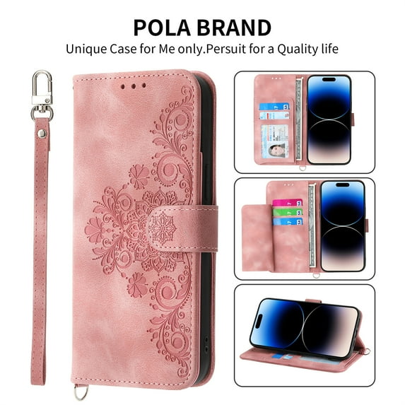 Jiahe Cover for iPhone 14 Plus, Wallet Case with Card Holder,Embossde Flower Flip Leather Magnetic Shockproof Card Slots Stand with Shoulder Strap Full Body Cover Case, pink