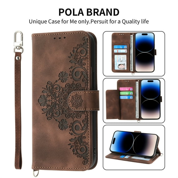 Jiahe Cover for iPhone 14 Plus, Wallet Case with Card Holder,Embossde Flower Flip Leather Magnetic Shockproof Card Slots Stand with Shoulder Strap Full Body Cover Case, brown