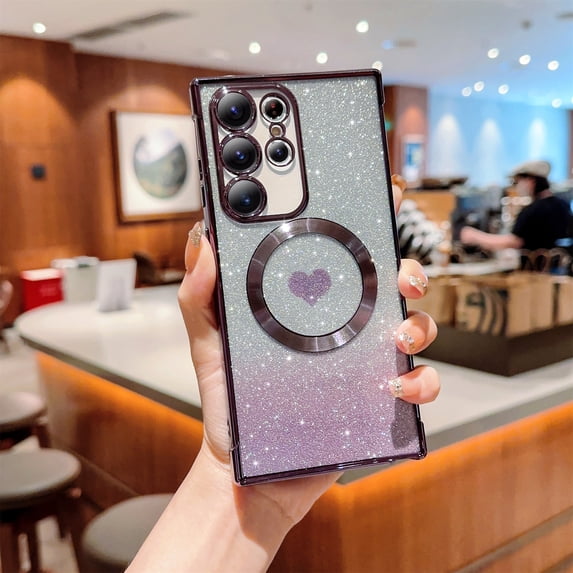 Jiahe Cover for iPhone 14 Pro Max, Compatible with MagSafe Case,Slim Plating Bling Glitter Shockproof Gradient Lover Heart Pattern Transparent Case Full Camera Lens Protection Cover, darkpurple