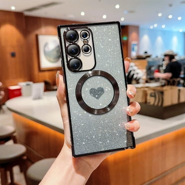 Jiahe Cover for iPhone 14 Pro Max, Compatible with MagSafe Case，Slim Plating Bling Glitter Shockproof Gradient Lover Heart Pattern Transparent Case Full Camera Lens Protection Cover, black