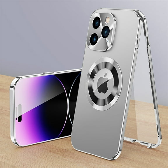 Jiahe Cover For iPhone 14 Pro Max Full Body Protection Case,Shockproof Metal Frame Built-in Tempered Glass Screen Protector Plating PC Back Case Cover,Silver