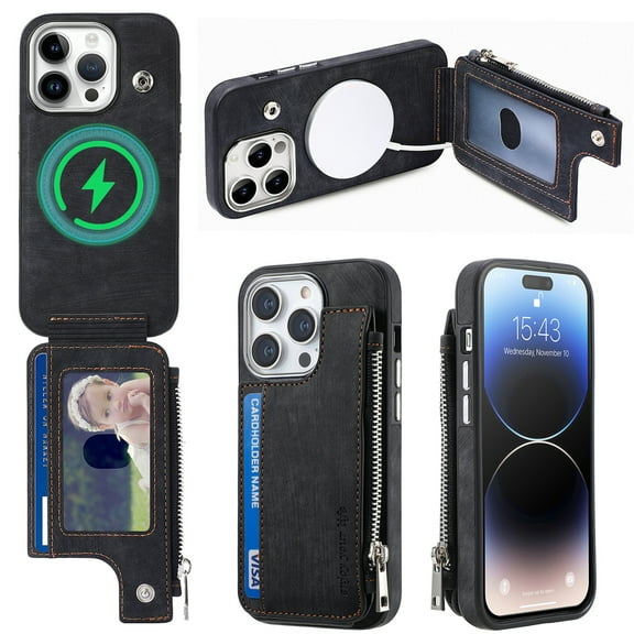 Jiahe Cover for iPhone 14 Pro Max, Multi-function Wallet Phone Case,Shockproof Magnetic MagSafe Zipper Wallet Flip Leather Card Slots Holder Case,Compatible with MagSafe , black