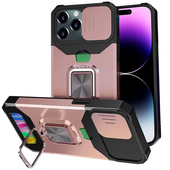 Jiahe Cover for iPhone 14 Pro Max with Sliding Camera Cover and Card Holder Heavy Duty Protective iPhone 14 Pro Max Case with Ring Magnetic Kickstand Phone Case, Rosegold