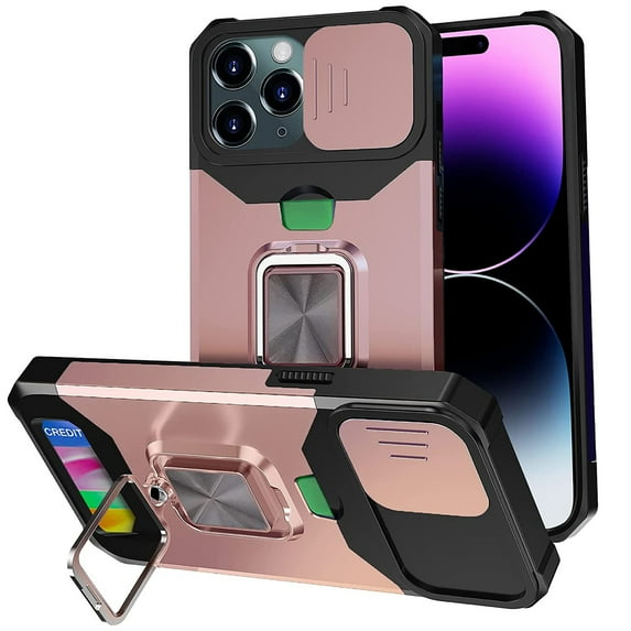Jiahe Cover for iPhone 14 Pro Max with Sliding Camera Cover and Card Holder Heavy Duty Protective iPhone 14 Pro Max Case with Ring Magnetic Kickstand Phone Case, Rosegold