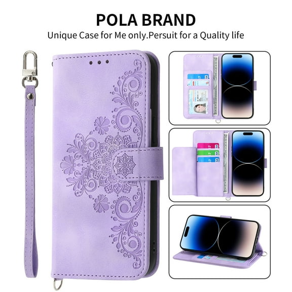 Jiahe Cover for iPhone 14, Wallet Case with Card Holder,Embossde Flower Flip Leather Magnetic Shockproof Card Slots Stand with Shoulder Strap Full Body Cover Case, purple