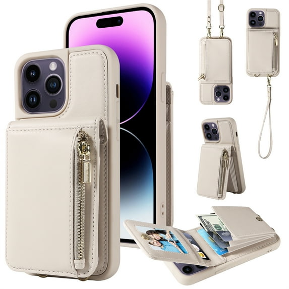 Jiahe Cover for iPhone 14, Zipper Wallet Case,RFID Blocking PU Leather Shockproof Kickstand Folio Case with Card Slots Holder Shoulder Strap Lanyard Case Cover, white