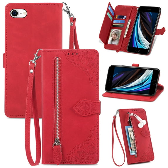 Jiahe Cover for iPhone 7/iPhone 8/iPhone SE 2nd Gen/iPhone SE 3rd Gen,Luxury Folio Flip Wallet Leather Cover Zipper Pocket Magnetic Closure Wrist Strap Kickstand, Red