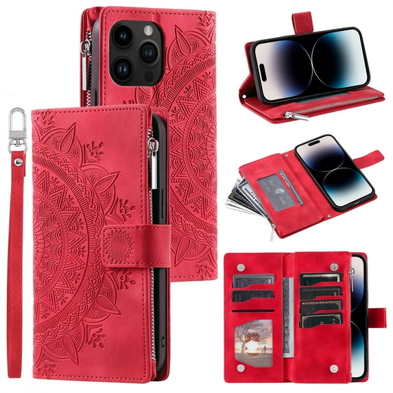 Jiahe Cover for iPhone XS Max, Wallet Case with Card Holder and Crossbody Lanyard, Flip Leather Flower Pattern Magnetic Closure Zipper Pocket Case Kickstand Shockproof Cover, red