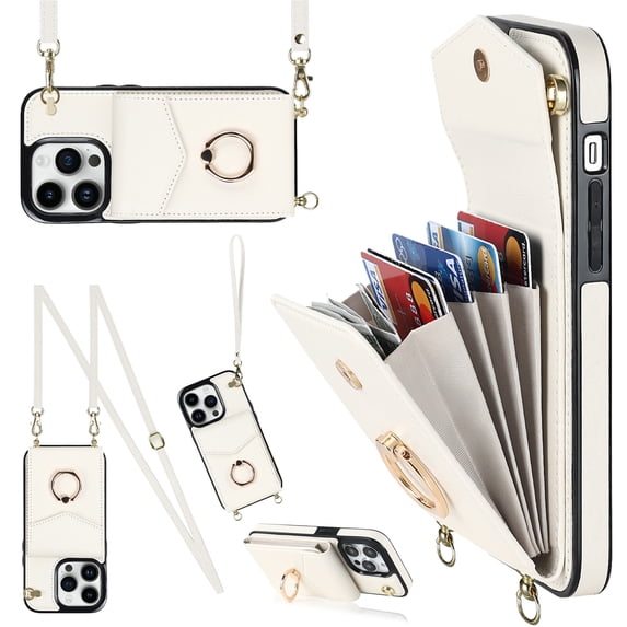 Jiahe Cover for iPhone XS/X, Shockproof PU Leather Case with Rotation Ring Stand Adjustable Shoulder Strap,Card Slots Stand RFID Blocking Protective Case Cover, white