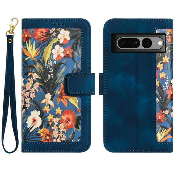 JiaheCover for Google Pixel 8, Crossbody Multi-Function Wallet Case,Rugged Magnetic Shockproof Flower Pattern Shoulder Strap,Card Holder Stand Full Body Protection Case, darkblue