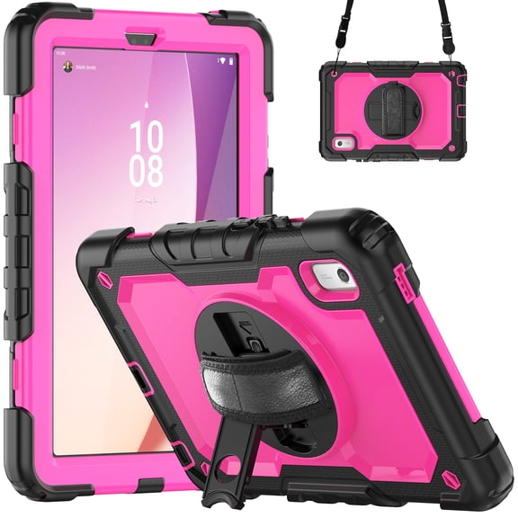 JiaheCover for Lenovo Tab M9 (2023) 9.0" Built-in Screen Protector Case,Shockproof Heavy Duty with 360? Rotating Kickstand Adjustable Shoulder Strap Three-Layer Protection Case,Black + Rose