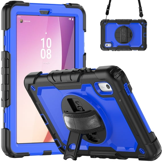 JiaheCover for Lenovo Tab M9 (2023) 9.0" Built-in Screen Protector Case,Shockproof Heavy Duty with 360° Rotating Kickstand Adjustable Shoulder Strap Three-Layer Protection Case,Black + Blue