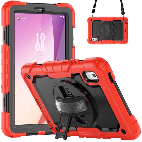 JiaheCover for Lenovo Tab M9 (2023) 9.0" Built-in Screen Protector Case,Shockproof Heavy Duty with 360° Rotating Kickstand Adjustable Shoulder Strap Three-Layer Protection Case,Red + Black