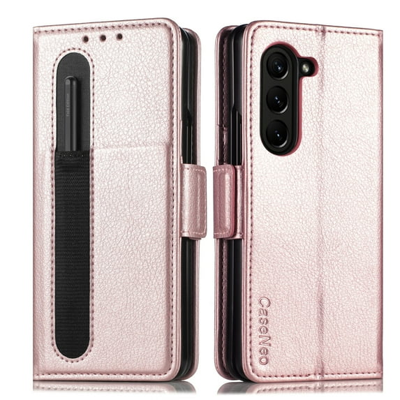 JiaheCover for Samsung Galaxy Z Fold 5 2023 Wallet Case,Rugged Magnetic Clasp Shockproof Credit Card Slot Stand with Pen Holder,Support Wireless Charging Case for Samsung Galaxy Z Fold 5,Rosegold