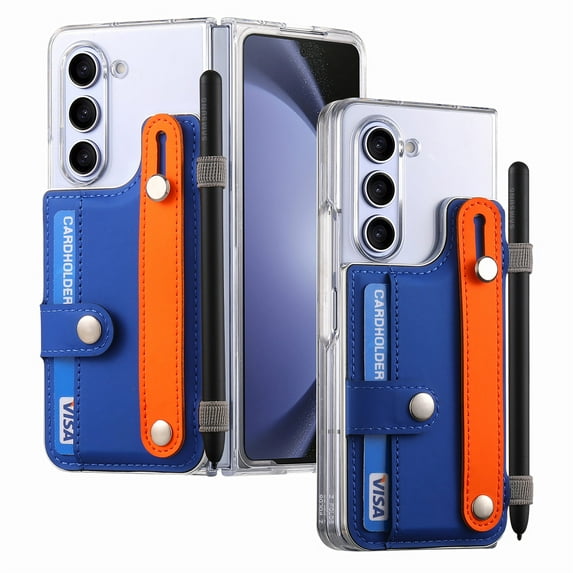JiaheCover for Samsung Galaxy Z Fold 5 Wallet Case,Shockproof Anti-Scratch Credit Card Holder Case with Pen Holder Built-in Wrist Strap Clear Case for Samsung Galaxy Z Fold 5,7.6 inch, Blue