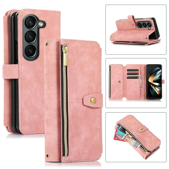 JiaheCover for Samsung Galaxy Z Fold5 Wallet Case,Rugged Shockproof Zipper Credit Card Slot Stand with Shoulder Strap Full Body Protection Case Cover,Pink