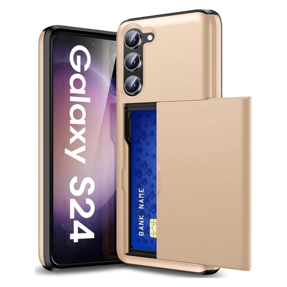 JiaheCover for Samsung S24 Case with Card Holder Dual Layer Shockproof Galaxy S24 Phone Case Hidden Card Slot Wallet Case Heavy Duty Rugged Case 5G,Gold