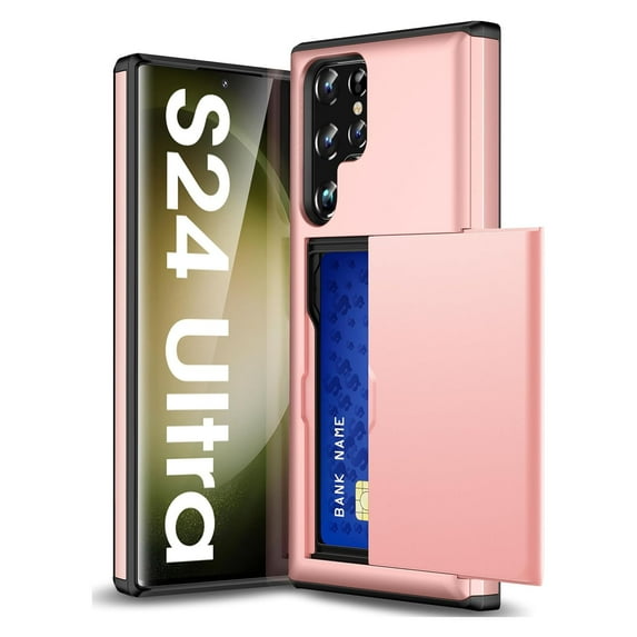 JiaheCover for Samsung S24 Ultra Case with Card Holder Dual Layer Shockproof Galaxy S24 Ultra Phone Case Hidden Card Slot Wallet Case Heavy Duty Rugged Case 5G,Rosegold