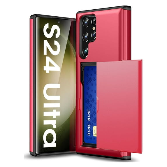 JiaheCover for Samsung S24 Ultra Case with Card Holder Dual Layer Shockproof Galaxy S24 Ultra Phone Case Hidden Card Slot Wallet Case Heavy Duty Rugged Case 5G,Red