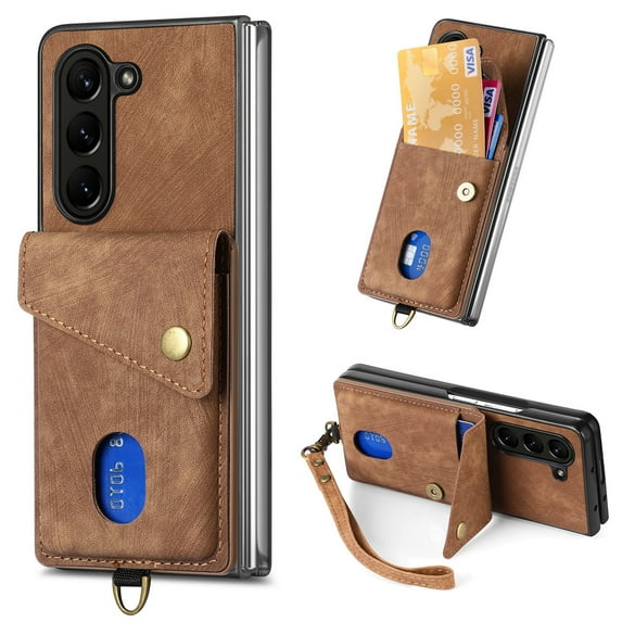 JiaheCover Wallet Phone Case for Samsung Galaxy Z Fold 5 2023,Rugged Shockproof Retro Wallet Card Slot Stand PU Leather Case with Hand Strap Case for Samsung Galaxy Z Fold 5,Brown