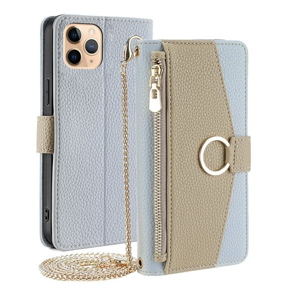 JiaheCover for iPhone 12 Pro / 12 6.1", Fashion Cross body Wallet Case,Shockproof Zipper Wallet Card Slot Stand Metal Buckle with Metal Shoulder Strap Built-in Mirror PU Leather Case, blue