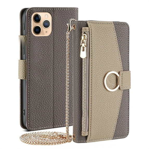 JiaheCover for iPhone 12 Pro / 12 6.1", Fashion Cross body Wallet Case,Shockproof Zipper Wallet Card Slot Stand Metal Buckle with Metal Shoulder Strap Built-in Mirror PU Leather Case, gray