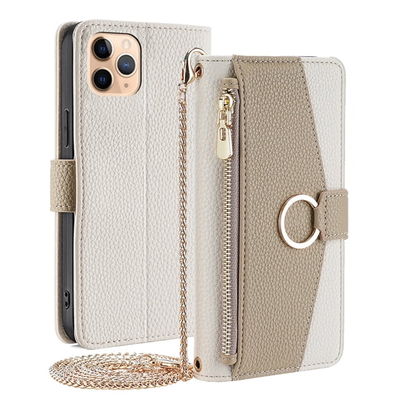 JiaheCover for iPhone 12 Pro / 12 6.1", Fashion Cross body Wallet Case,Shockproof Zipper Wallet Card Slot Stand Metal Buckle with Metal Shoulder Strap Built-in Mirror PU Leather Case, white