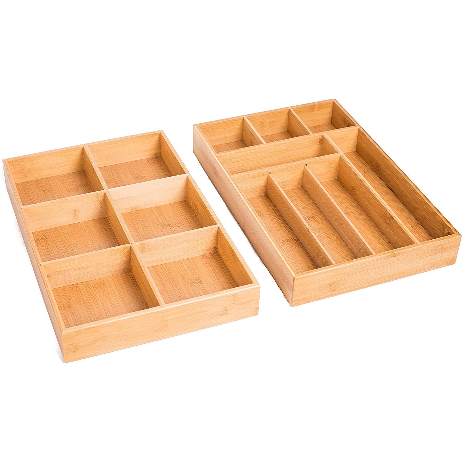 Jiaiun 2 pc Bamboo Utility Drawer Organizer Utensil Silverware